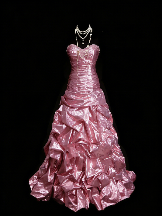 Robe de bal longue rose sirène vintage sans manches, style années 80, référence N1443