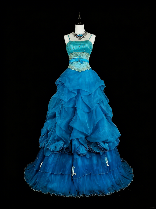 Vintage Prom Dresses Ball Gown Spaghetti Strap Blue With Beading 1980s Long Formal Gown N2701