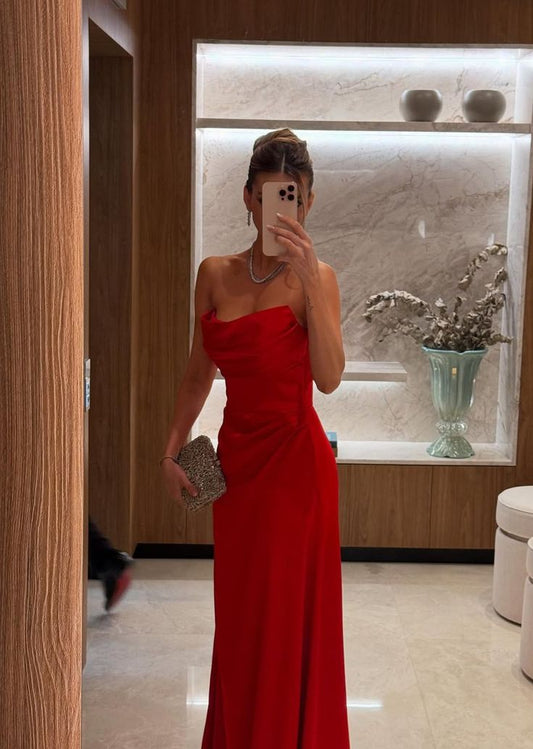 Modest Mermaid Strapless Red Pleated Marine Ball Dresses Floor Length Formal Gowns Satin Long Prom Dresses Evening Gowns AB754