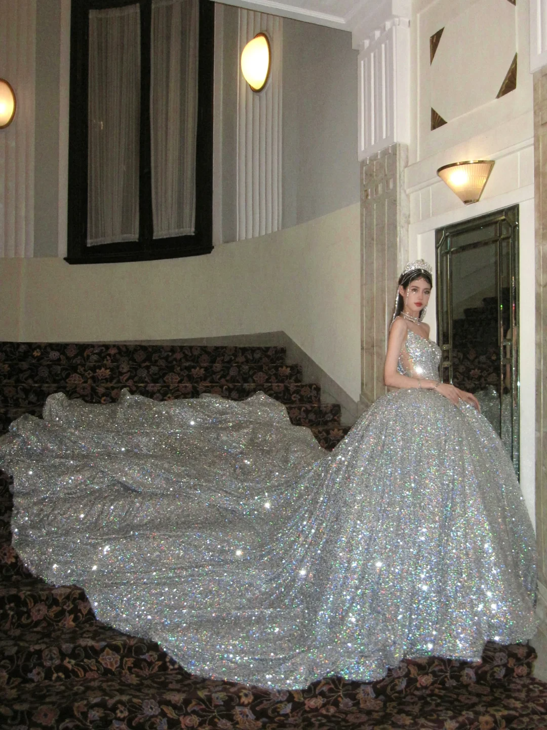 Funkelndes, trägerloses, langes Pailletten-Ballkleid in Silber für Quinceañera, Geburtstag, Luxus, Sweet 15, 16, Geburtstag, N072