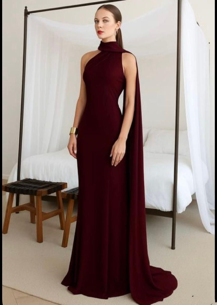 Robe de soirée sirène sexy bordeaux à col montant pour bal de promo N2693