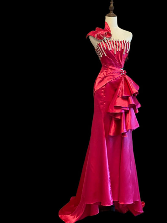 Extravagant Mermaid One Shoulder Hot Pink Satin Long Prom Dresses Inspo Evening Outfits RB4018