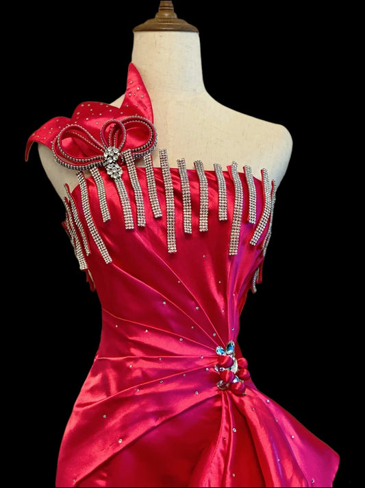 Extravagant Mermaid One Shoulder Hot Pink Satin Long Prom Dresses Inspo Evening Outfits RB4018