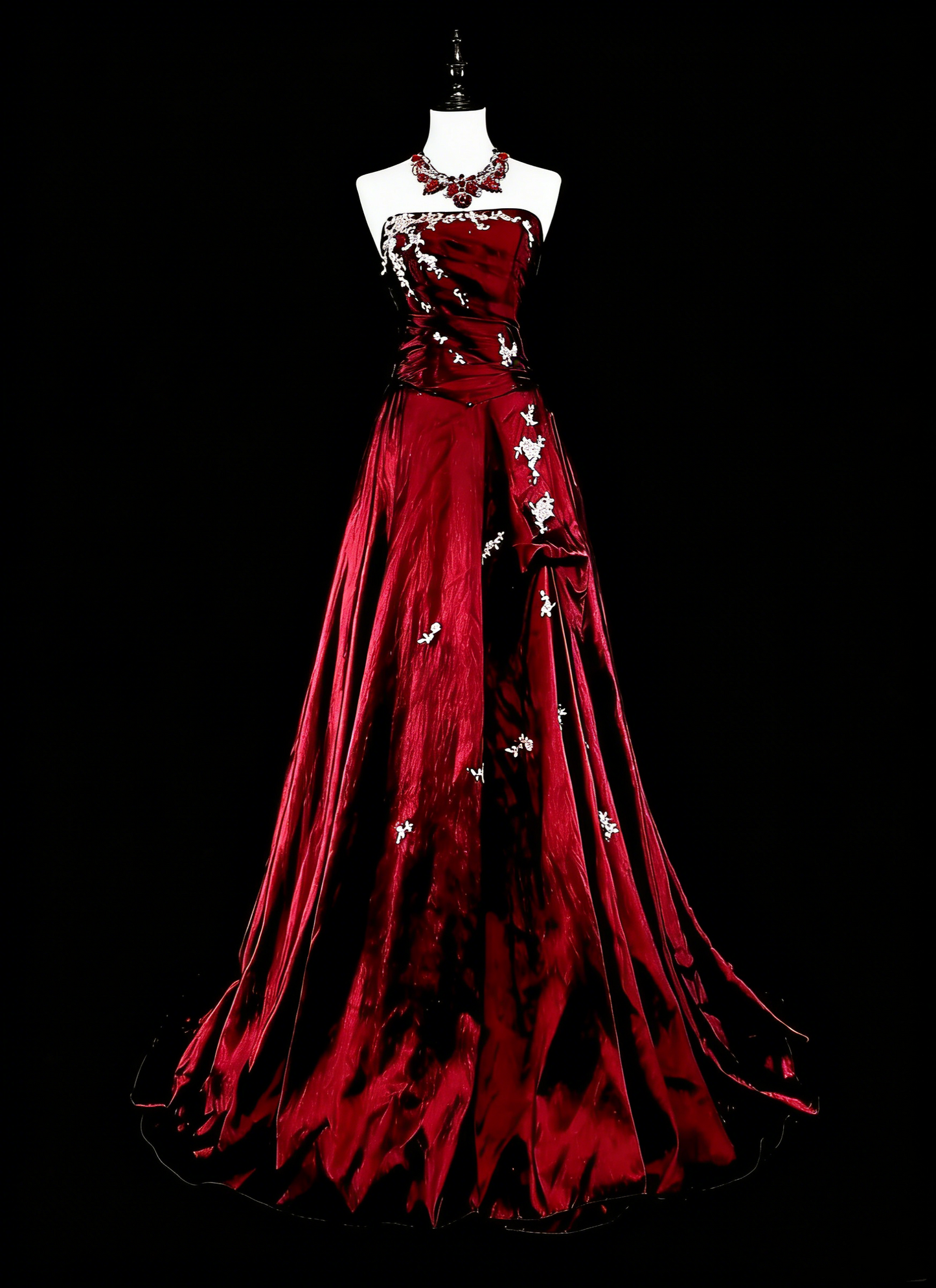 Vintage-Abendkleider im Stil der 1950er Jahre: Elegantes, trägerloses, burgunderrotes Ballkleid in Langform – Inspiration für die Abendgala (Modell N1996)