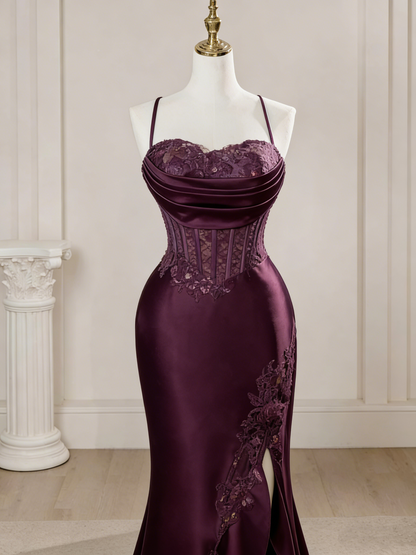 Robe de bal longue plissée en satin bleu satiné à fines bretelles sirène élégantes (Vestidos De Dia AB591)