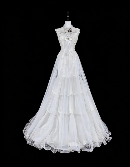 Vintage Abschlussballkleider Ästhetik 1950er Jahre Retro Meerjungfrau Weiß Tüll Spitze Langes Partykleid N2367