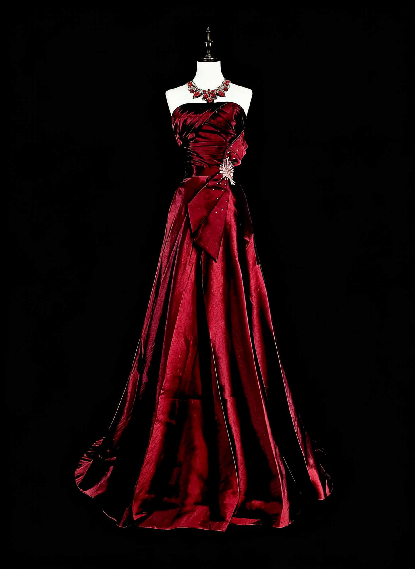 Vintage A-Linien-Abendkleid aus burgunderrotem Satin im Stil der 90er Jahre, trägerlos, formell, Geburtstagskleid, langes Ballkleid N1760