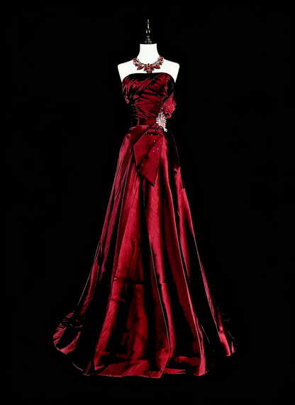 Vintage A-Linien-Abendkleid aus burgunderrotem Satin im Stil der 90er Jahre, trägerlos, formell, Geburtstagskleid, langes Ballkleid N1760