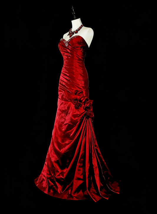 Vintage Prom Dresses Mermaid Sweetheart Burgudy Satin With Beads Folds Long Formal Dress N2385