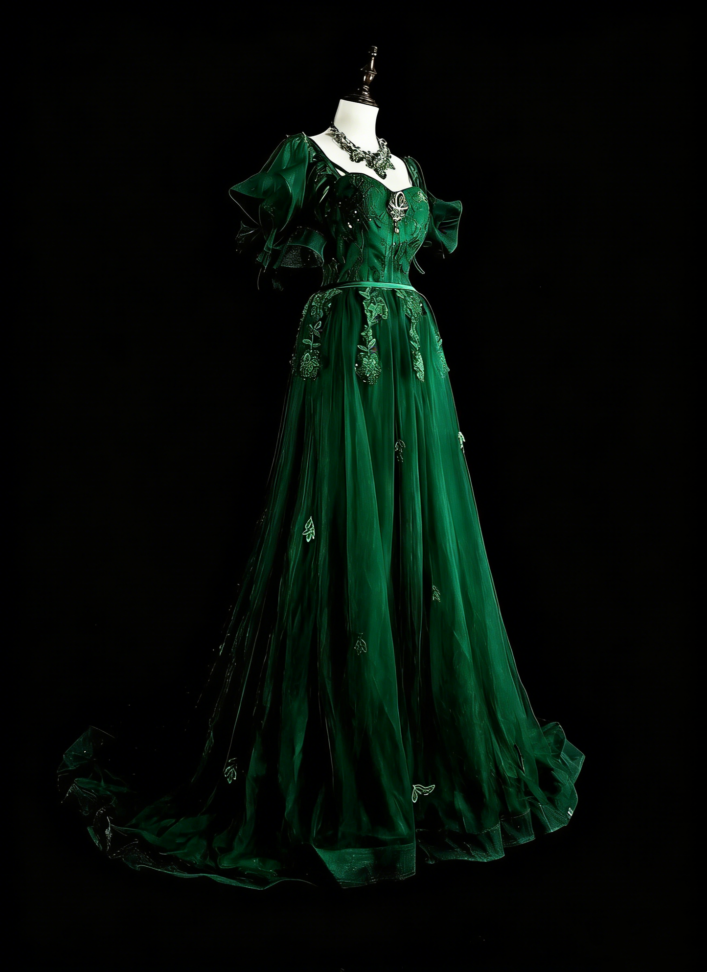 Robe de bal longue vintage vert foncé à bretelles spaghetti et dentelle perlée, coupe trapèze, référence N1827