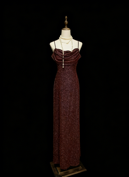 Robe de bal d'été scintillante sirène sans manches à fines bretelles marron pour femmes, filles et adolescentes N2240