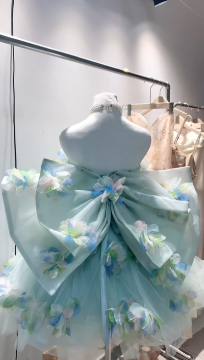 Robe De Bal Modeste Bustier Tulle Vert Clair À Fleurs Court Mini Inspiration Aînée Tenues 16ème Anniversaire Robes De Soirée RB3966