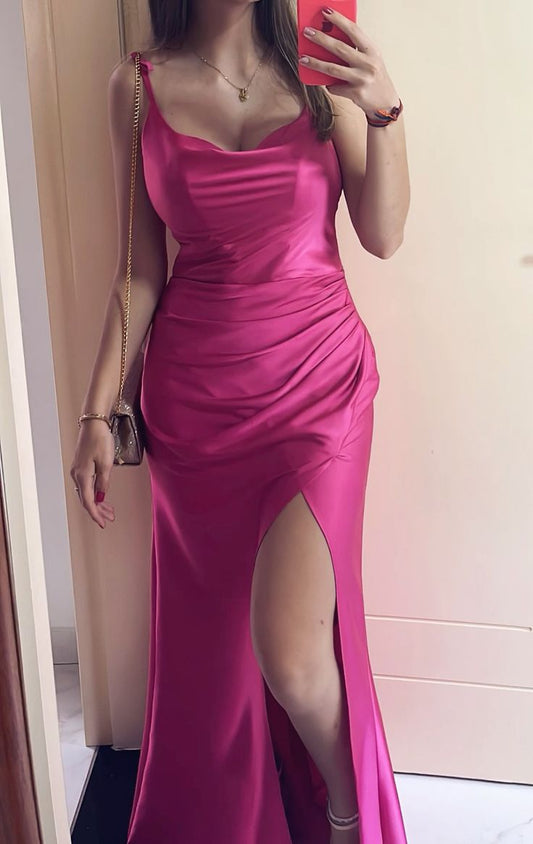 Fancy Mermaid Spaghetti Straps Hot Pink Satin Pleated Long Prom Dresses Formal Gown Inspo Evening Outfit AB757
