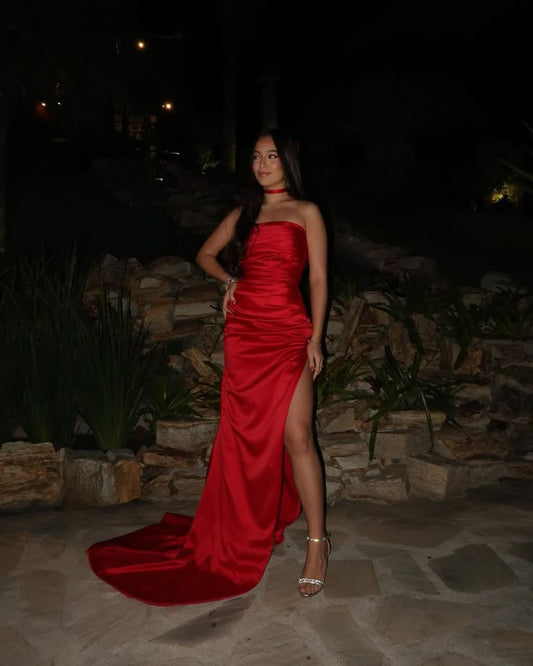 Magnifique robe de bal sirène rouge satinée sans bretelles, fendue, longue et sans manches, AB338