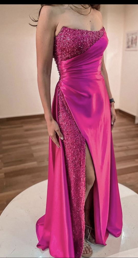 Robe de bal longue sirène rose fuchsia à paillettes, sans bretelles et fendue, inspiration robe de soirée formelle AB781