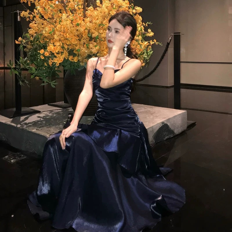 Vintage Navy Blue Exquisite Long Satin Mermaid Evening Dress Prom Dress Princess Formal Dress N780