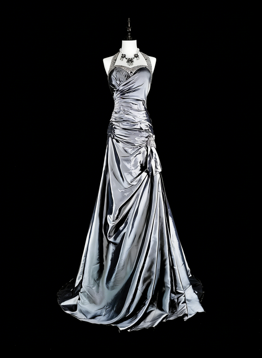 Vintage Prom Dresses Aesthetic Mermaid Halter Grey Taffeta Classic Inspo Formal Party Dress N1998