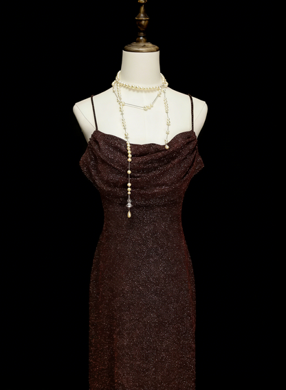 Robe de bal d'été scintillante sirène sans manches à fines bretelles marron pour femmes, filles et adolescentes N2240