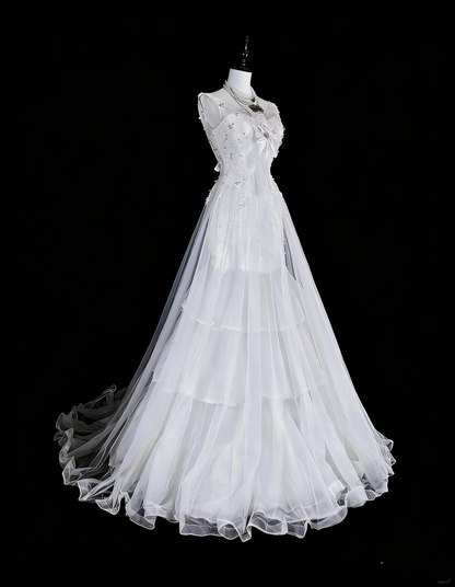 Vintage Abschlussballkleider Ästhetik 1950er Jahre Retro Meerjungfrau Weiß Tüll Spitze Langes Partykleid N2367
