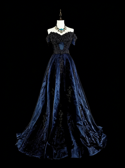 Robe de soirée vintage années 80, coupe trapèze, épaules dénudées, en tulle bleu marine, idéale pour un anniversaire ou un bal de promo (N1753).