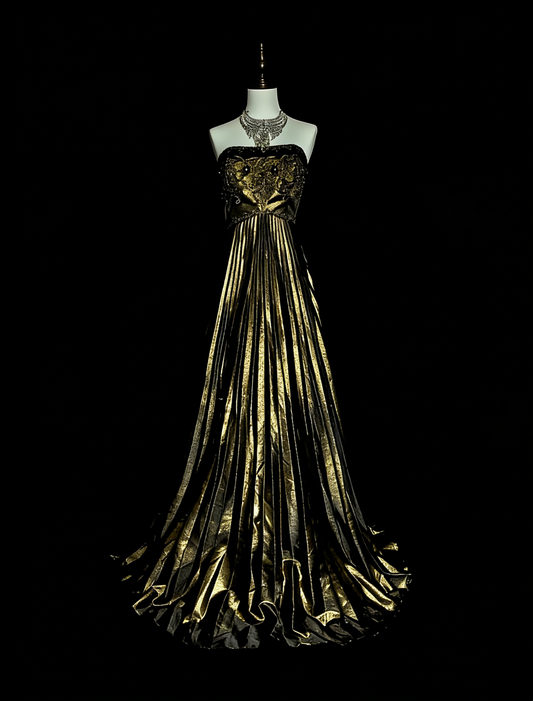 Robe de bal d'été longue, bustier, coupe trapèze, or et noir, ornée de perles, style vintage, pour lycéennes et grandes occasions (N1424)