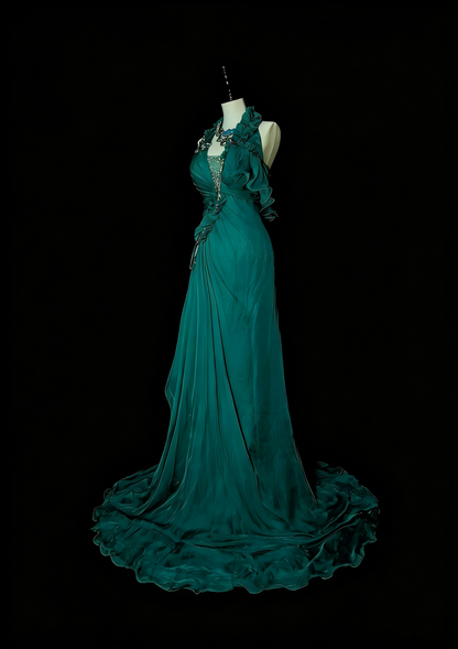Elegantes, ärmelloses, dunkelgrünes Chiffon-Abendkleid in A-Linie mit Neckholder, langes formelles Kleid für die Oberstufe, N1378