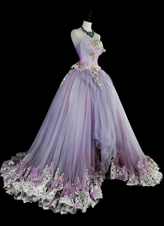 Vintage Prom Dresses Ball Gown Strapless Lilac With 3D Appliques 2000s Long Party Dress N2380