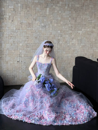 Prinzessinnen-Ballkleid mit eckigem Ausschnitt, lila Spitze und Blumenmuster, langes Abendkleid, modisch-ästhetisch für Teenager, formelle Kleider, Party-Outfits, Ballkleid AB2222