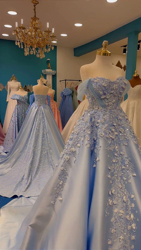 Ball Gown Off The Shoulder Light Blue Satin Quinceanera Dress Appliques Birthday Luxury Dress Sweet 15 16 Birthday Gown AB1085
