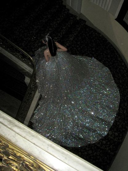 Funkelndes, trägerloses, langes Pailletten-Ballkleid in Silber für Quinceañera, Geburtstag, Luxus, Sweet 15, 16, Geburtstag, N072