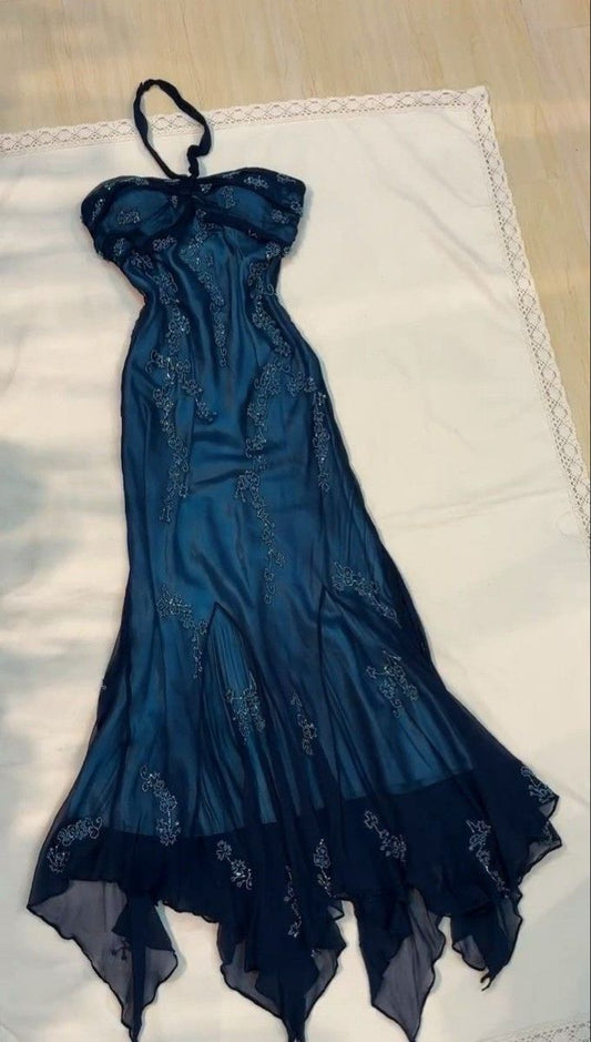 Robe de bal longue bleu marine en mousseline, style sirène, dos nu, inspiration robe de soirée bleu foncé AB726
