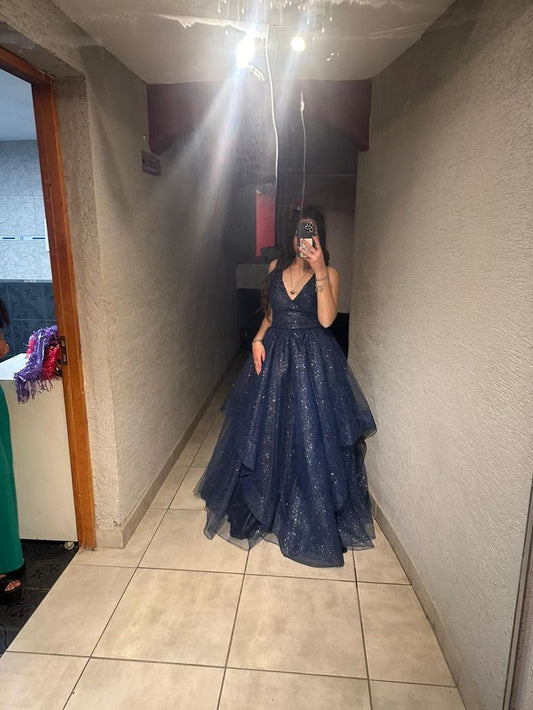 Classy Ball Gown V Neck Navy Blue Tulle Prom Dress Aesthetic For Teens Formal Dresses Party Outfits Prom Gown AB1115
