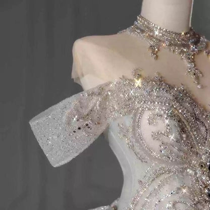 Robe de mariée longue à paillettes, épaules dénudées, manches courtes, blanche et argentée, avec perles, idée de robe de mariée DH2899