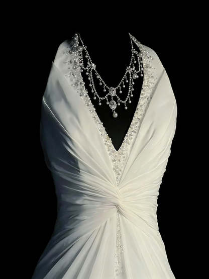 Robe de bal longue en mousseline blanche à col en V, style sirène, pour adolescentes (N1184)
