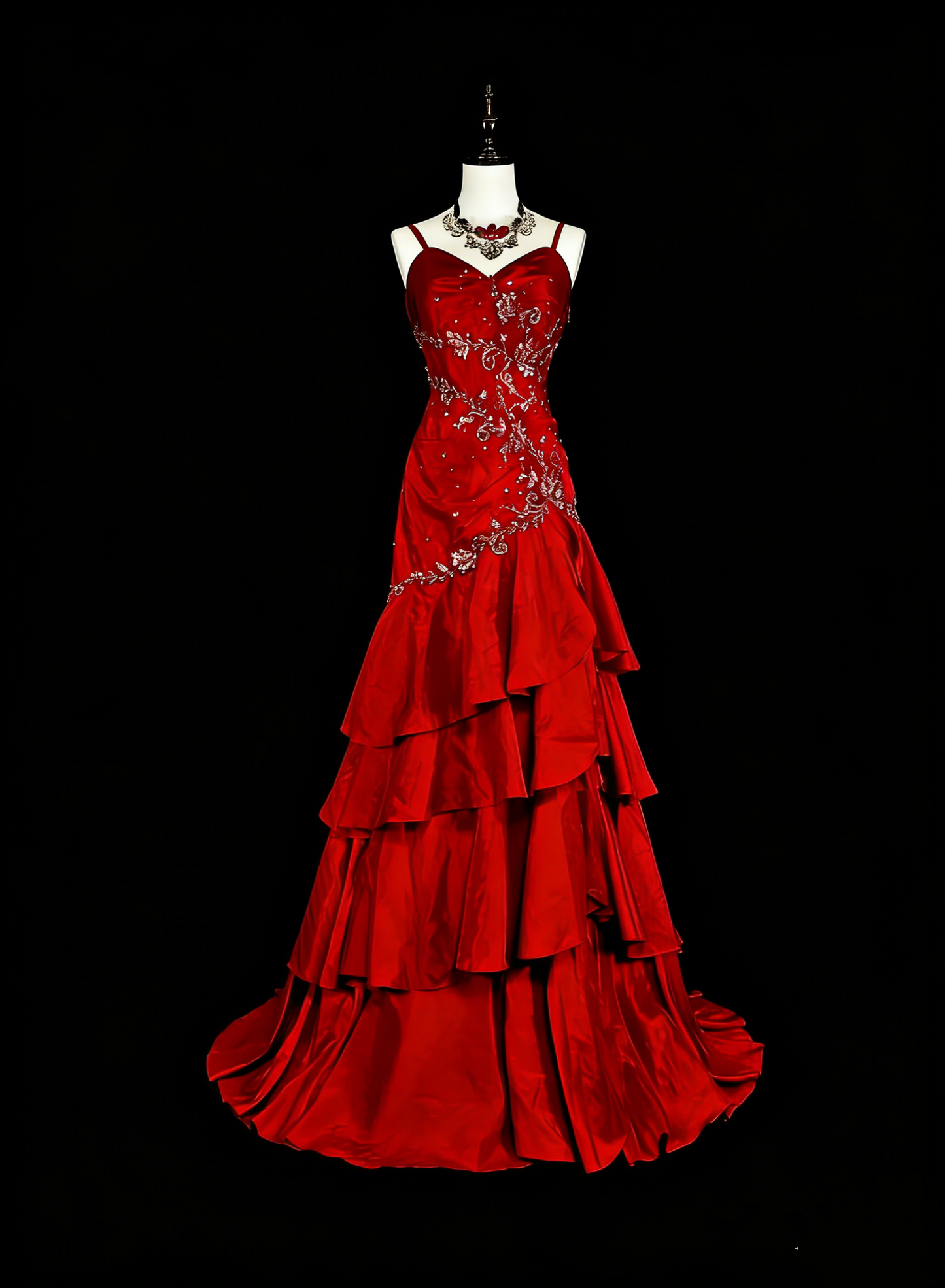 Robe de bal longue rouge vintage sirène à fines bretelles et ornée de dentelle et de perles, N1828