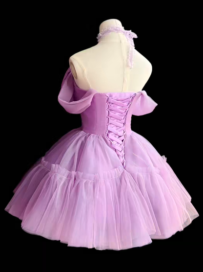Pretty Ball Gown Off The Shoulder Lilac Tulle Short Mini Party Homecoming Dresses High School Ideas Inspo 16th Birthday Outfits RB7352
