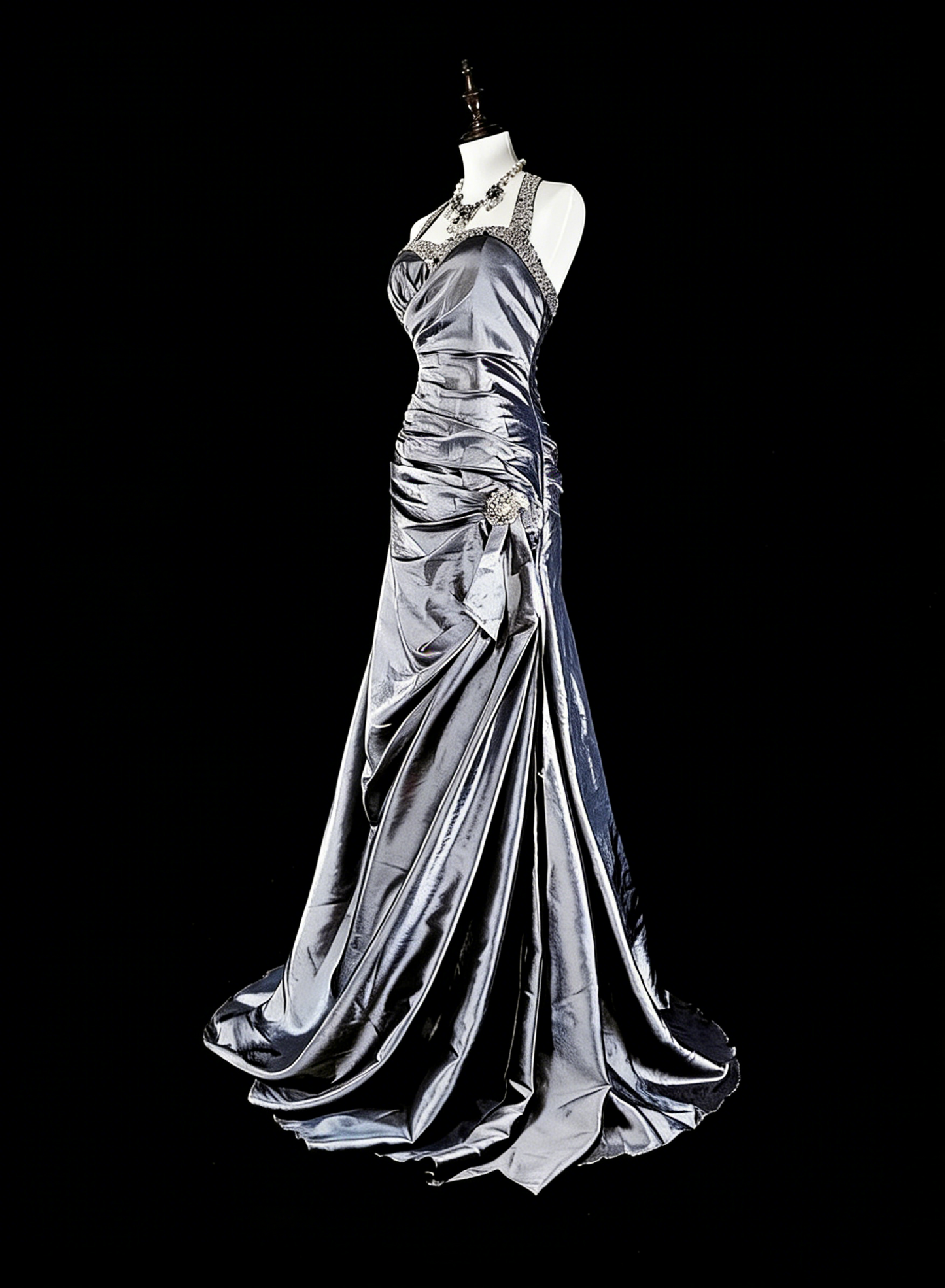 Robe de bal vintage sirène à col halter en taffetas gris, inspiration classique, robe de soirée formelle N1998