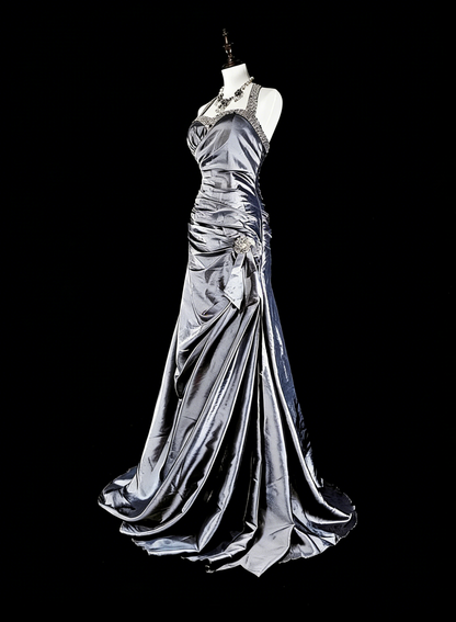 Robe de bal vintage sirène à col halter en taffetas gris, inspiration classique, robe de soirée formelle N1998