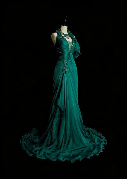 Elegantes, ärmelloses, dunkelgrünes Chiffon-Abendkleid in A-Linie mit Neckholder, langes formelles Kleid für die Oberstufe, N1378