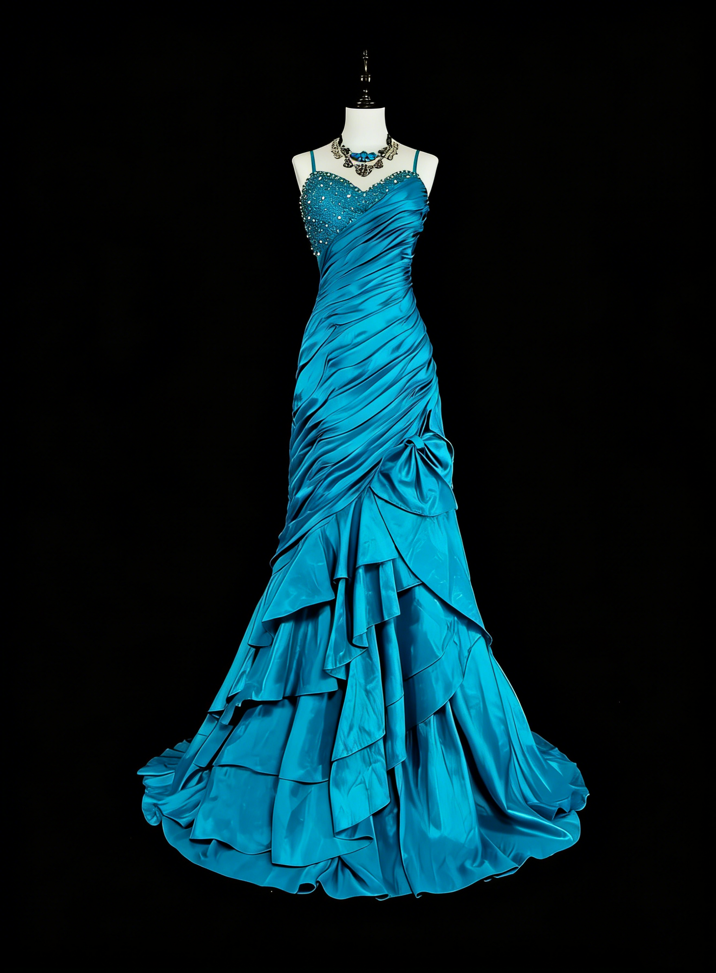 Robes de bal vintage sirène à fines bretelles bleues avec perles plissées années 1980 longue robe de soirée N2702