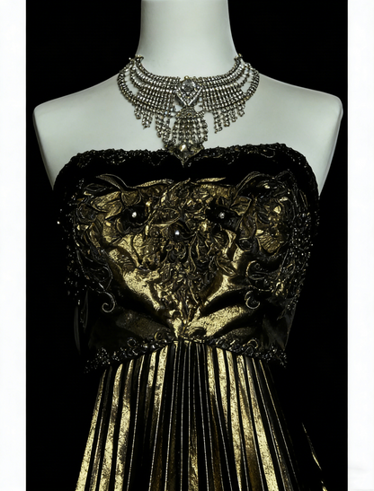 Vintage A Line Strapless Gold Black With Beaded Long Summer Prom Dresses Senior High Schools Formal Party Dress N1424