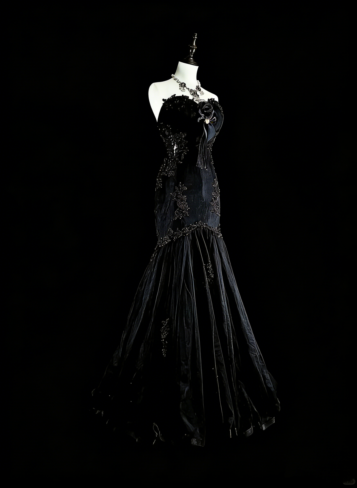 Vintage 1980s Mermaid Sweetheart Black Tulle With Appliques Sleeveless Long Prom Formal Dresses N1599