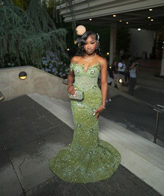 Robe de soirée longue sirène verte, robe de bal brillante, inspiration robes de fête, robe de princesse formelle N779