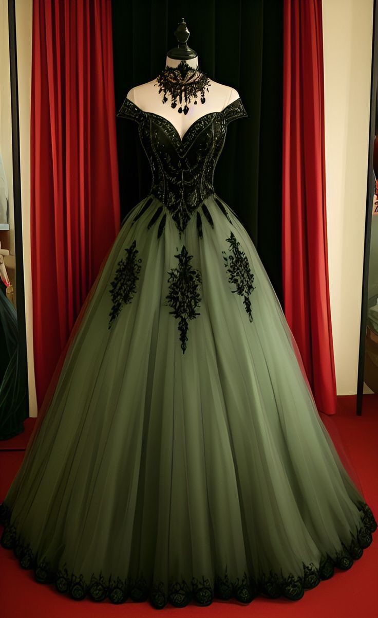 Elegantes Ballkleid, schulterfrei, olivgrün, aus Tüll und Spitze, mit Ärmeln, Partykleid, Abendkleid AB1086