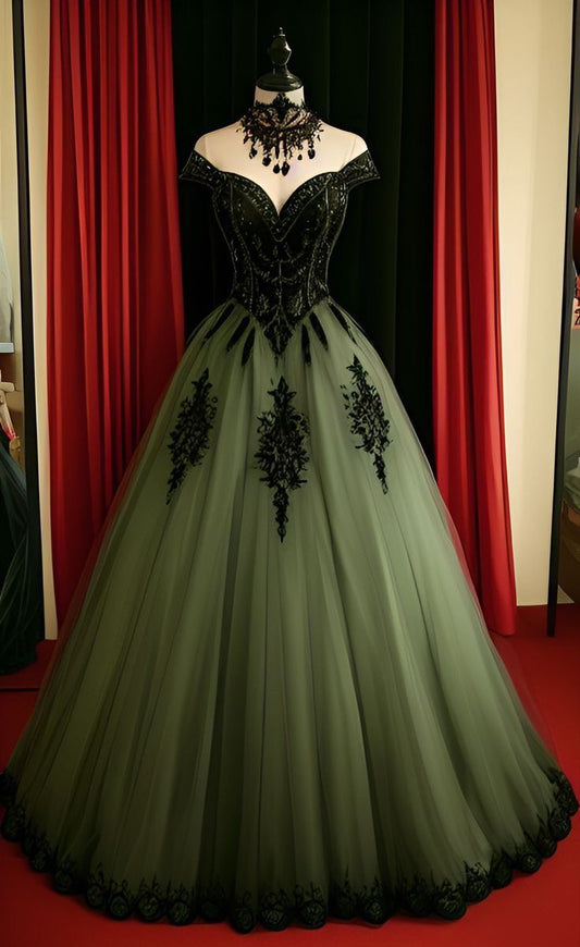 Elegantes Ballkleid, schulterfrei, olivgrün, aus Tüll und Spitze, mit Ärmeln, Partykleid, Abendkleid AB1086