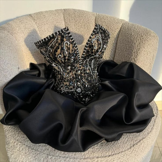 Elegant Ball Gown Strapless Black Satin Drop Waist Bodice With Beads Short Hoco Dress Ideas Homecoming Dresses RB4085