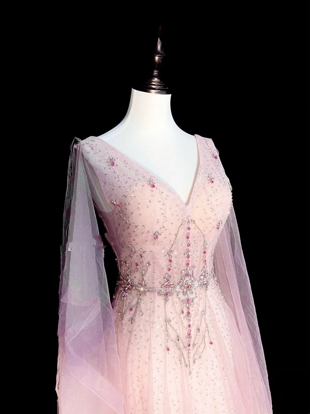 Vintage A line V Neck Pink With Long Sleeves Senior Prom dresses High School Formal Dress N1293