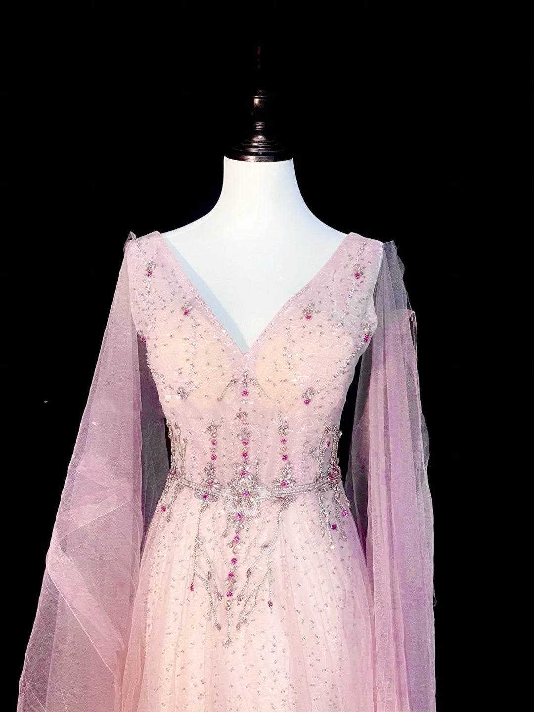Vintage A line V Neck Pink With Long Sleeves Senior Prom dresses High School Formal Dress N1293