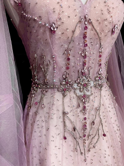 Vintage A line V Neck Pink With Long Sleeves Senior Prom dresses High School Formal Dress N1293