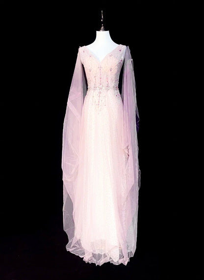 Vintage A line V Neck Pink With Long Sleeves Senior Prom dresses High School Formal Dress N1293